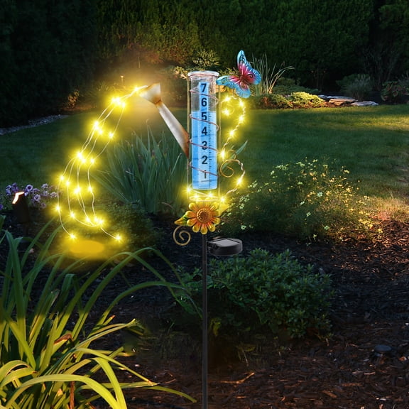 Outdoor Rain Gauge,Watering Can & Sunflower Solar Rain Gauge,LED String Lights, Metal Garden Stake for Patio, Lawn & Outdoor Decor
