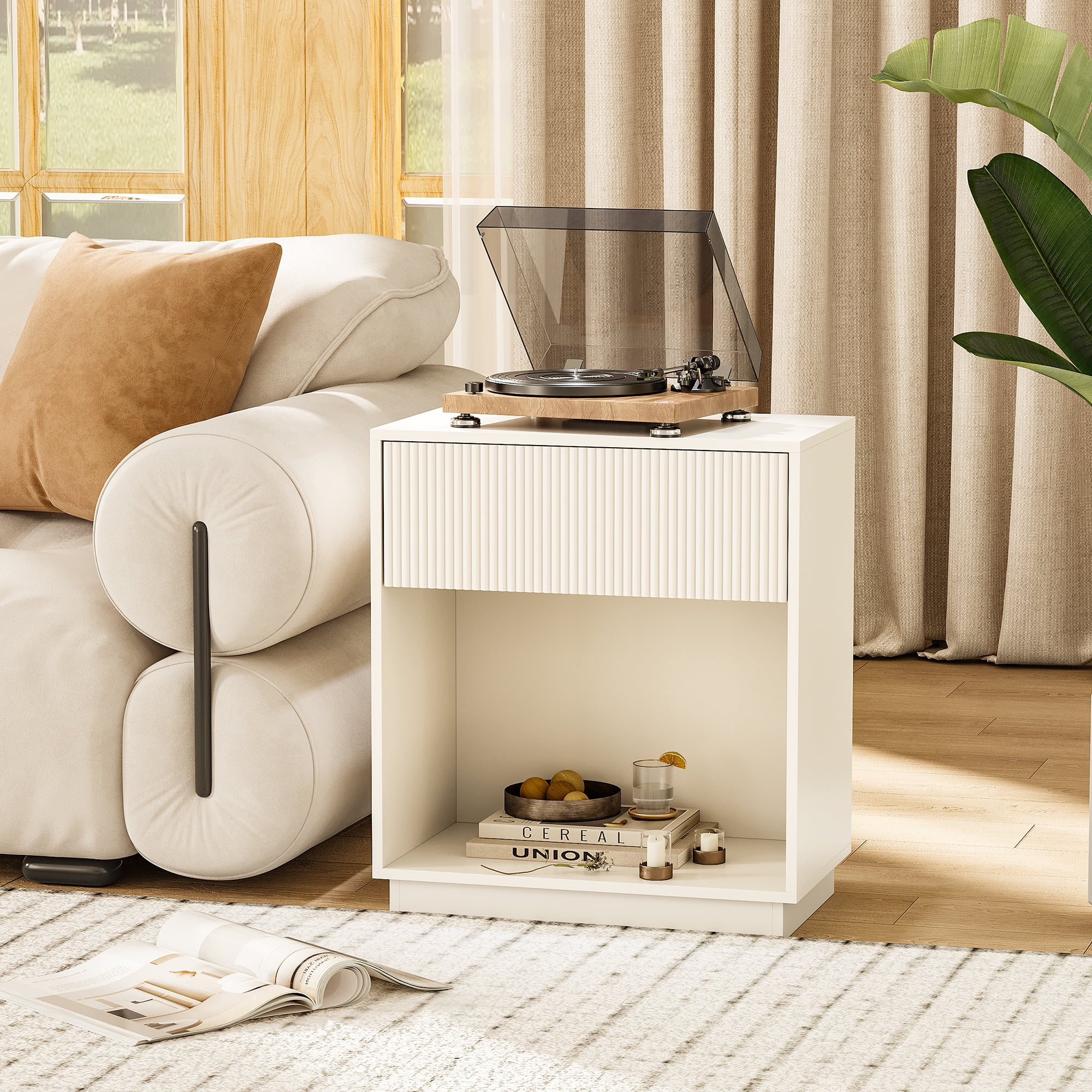 Fluted Nightstands Set Of 2, Modern Mid - Century Wood Bedside Table With Drawer & Open Storage Shelf, End Table For Bedroom, Living Room, Office, Sofa Side Couch White