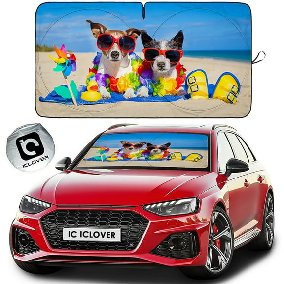 Car Windshield Sun Shade with Beach Dogs Design(59"x33"), iClover Cute Cartoon Front Window Sunshade Foldable Sun Visor - Blocks Max UV Rays Full Protection for Auto Car Sedans SUVs Trucks