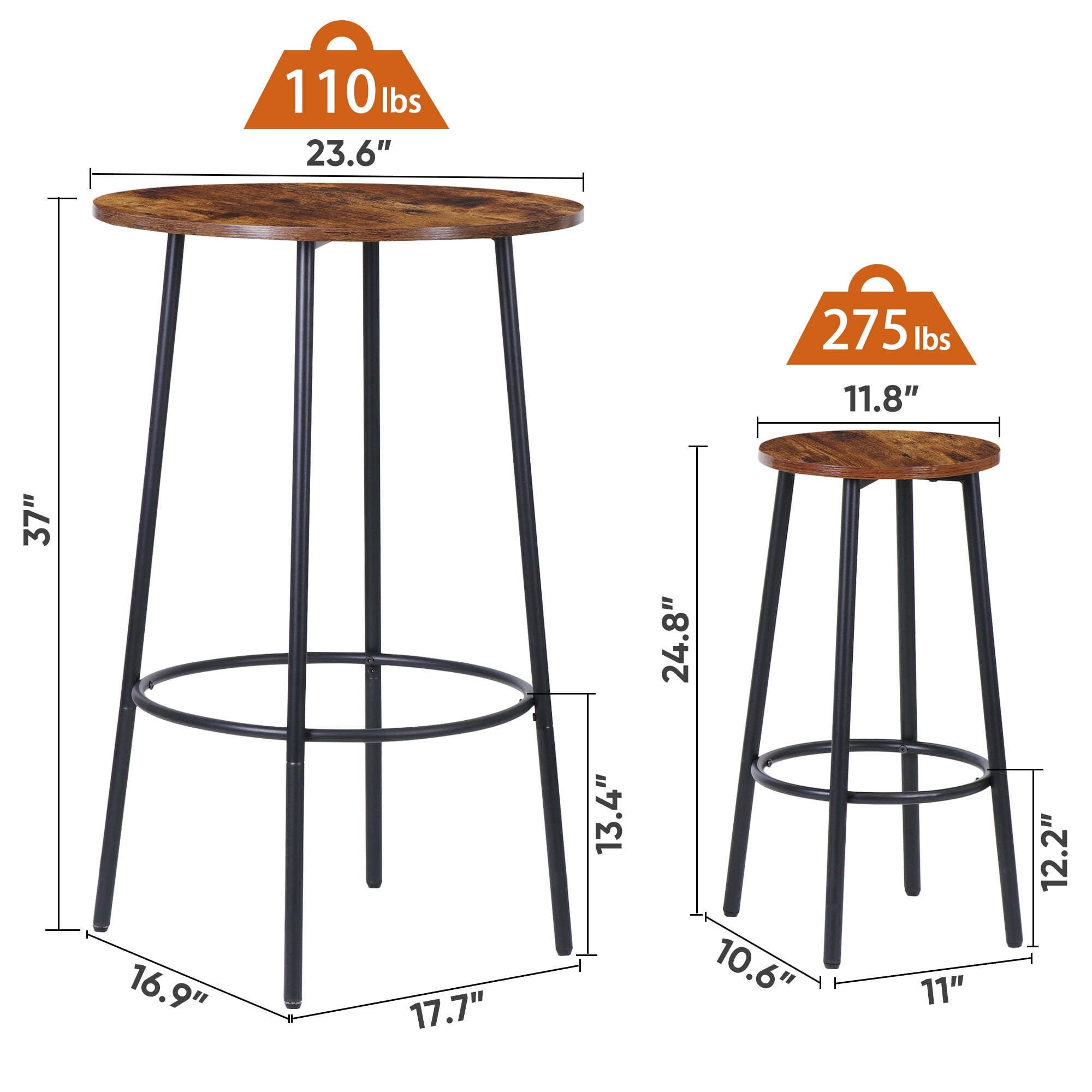 ZENSTYLE 3 Piece Pub Dining Table Set Wooden Round Breakfast Tables w/2 Bar Chairs Stools Brown