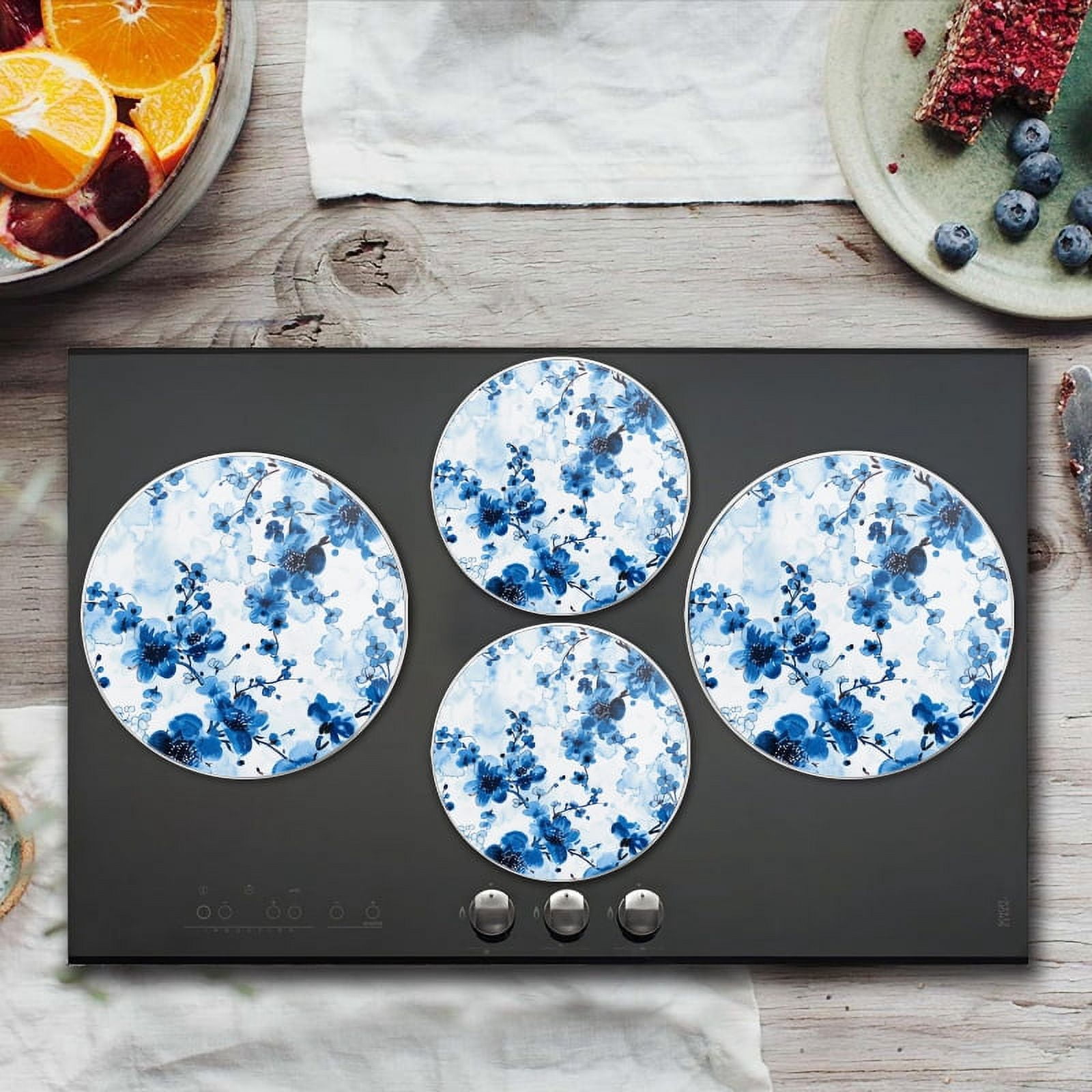 Bahomeck Electric Stove Burner Covers Set Of 4,Blue Ink Painting Of Floral Pattern Metal Gas Stove Burner Covers,Protecting Gas Stoves,8 Inch And 10 Inch