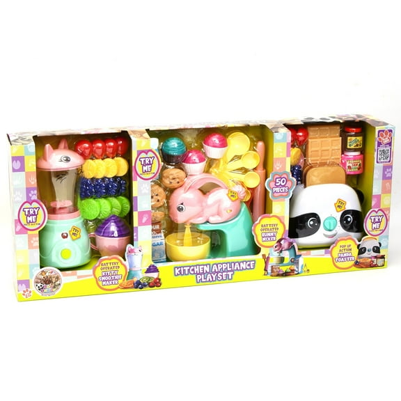 Zoo Troop: Kitchen Appliance Playset - 50 Pieces - Food Playset w/ Kitty Blender, Bunny Mixer & Toaster, Battery Operated, Toddler Kids Ages 2 