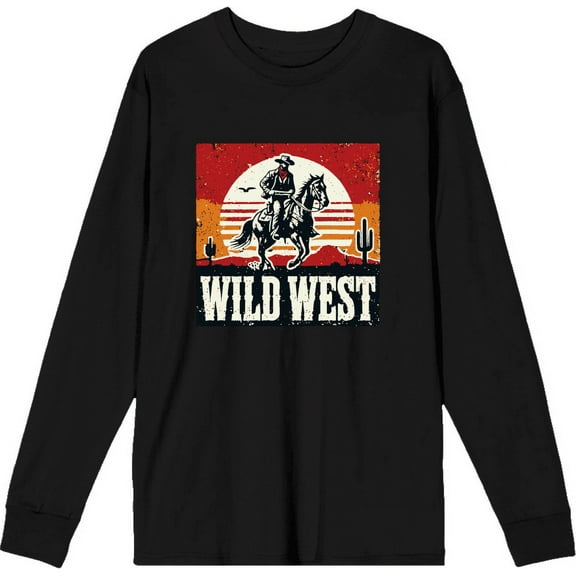 Wild West Cowboy Sunset Ride Adult Black Crew Neck Long Sleeve Shirt-Medium
