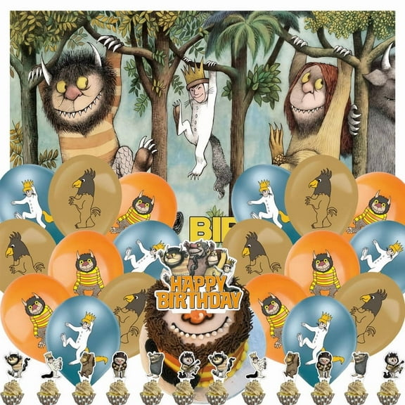 32 Pcs For Where the Wild Things Are Theme Birthday Party Decorations and Supplies Set – Includes 1 Backdrop, 12 Cupcake Toppers, 1 Cake Topper, and 18 Balloons for Festive Celebrations