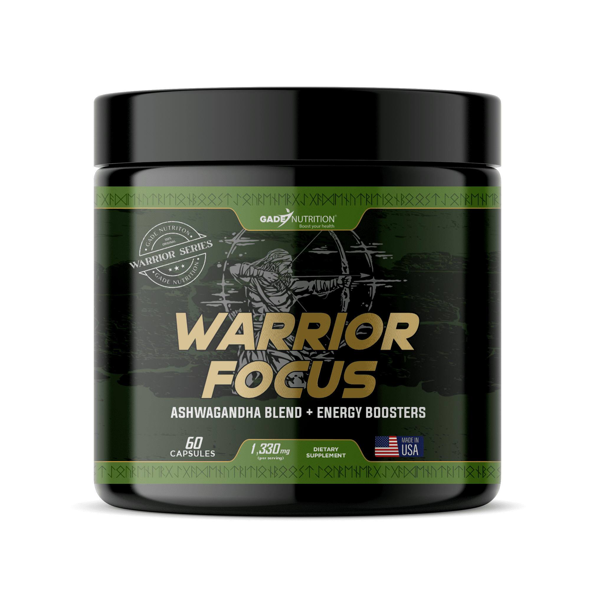 Gade Nutrition Pre Workout in Capsules Warrior Focus with Ashwagandha, Tribulus, Turkesterone & more. For physical and mental resilience | Non-GMO, Gluten-Free, No Fillers | 60 Capsules | Made in USA