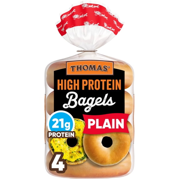 Thomas' High Protein Plain Bagels, 4 count, 21g Protein, Kosher Bagels, 15.5 oz Bag