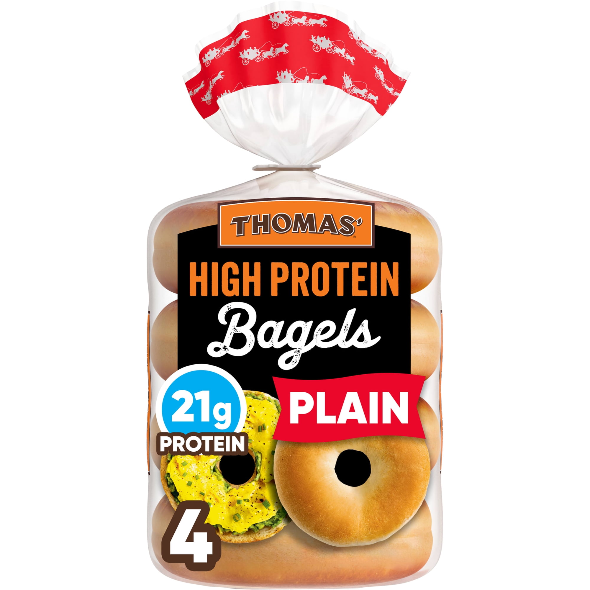 Thomas' High Protein Plain Bagels, 4 count, 21g Protein, Kosher Bagels, 15.5 oz Bag