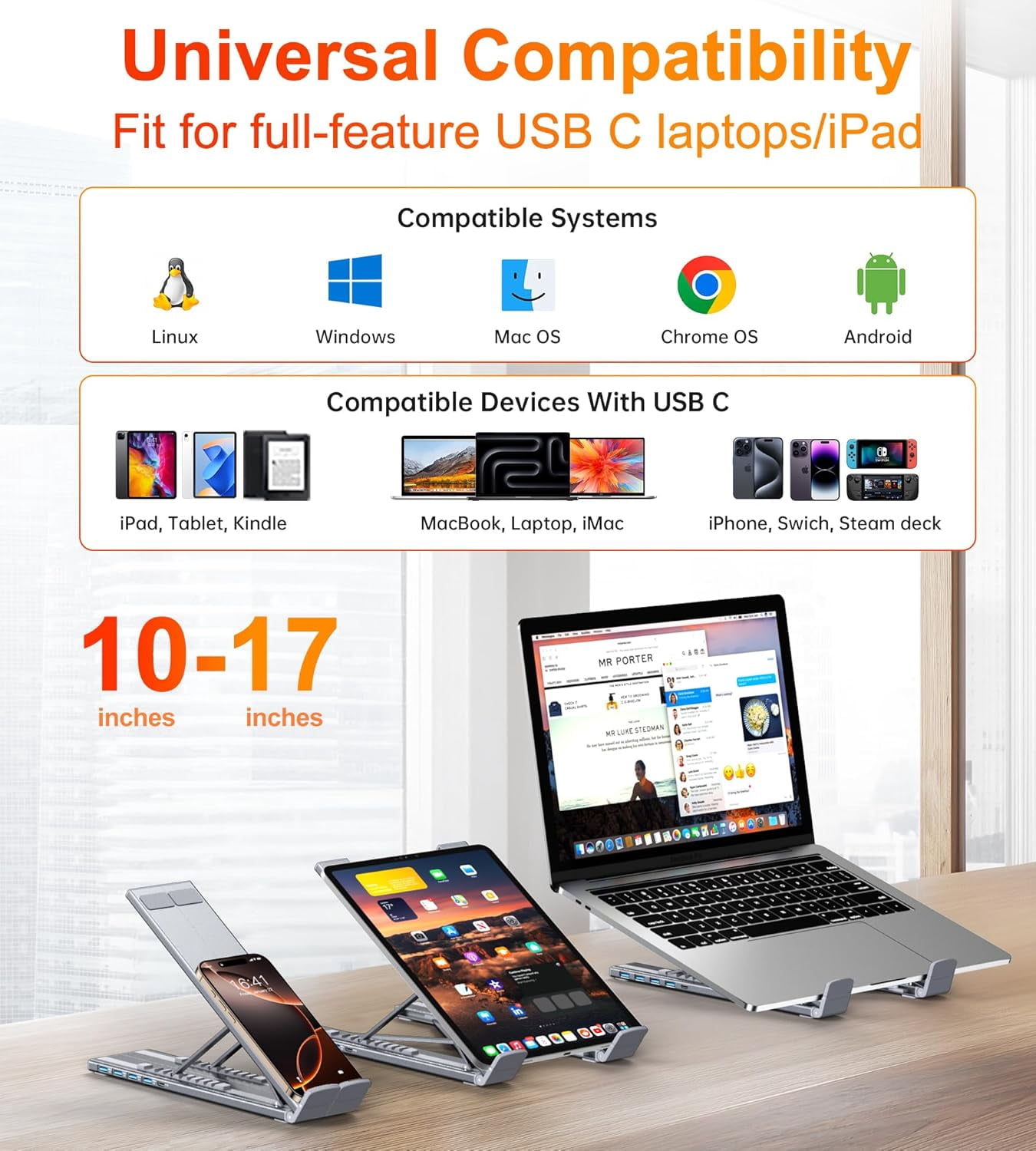5-in-1 USB C Hub Adjustable Aluminum Laptop Stand, 4-Port USB A 3.0, Supports 5Gbps Data Transmission USB-C Hub Docking Station [Charging Not Supported] for MacBookPro/Air/Dell/HP/Lenovo