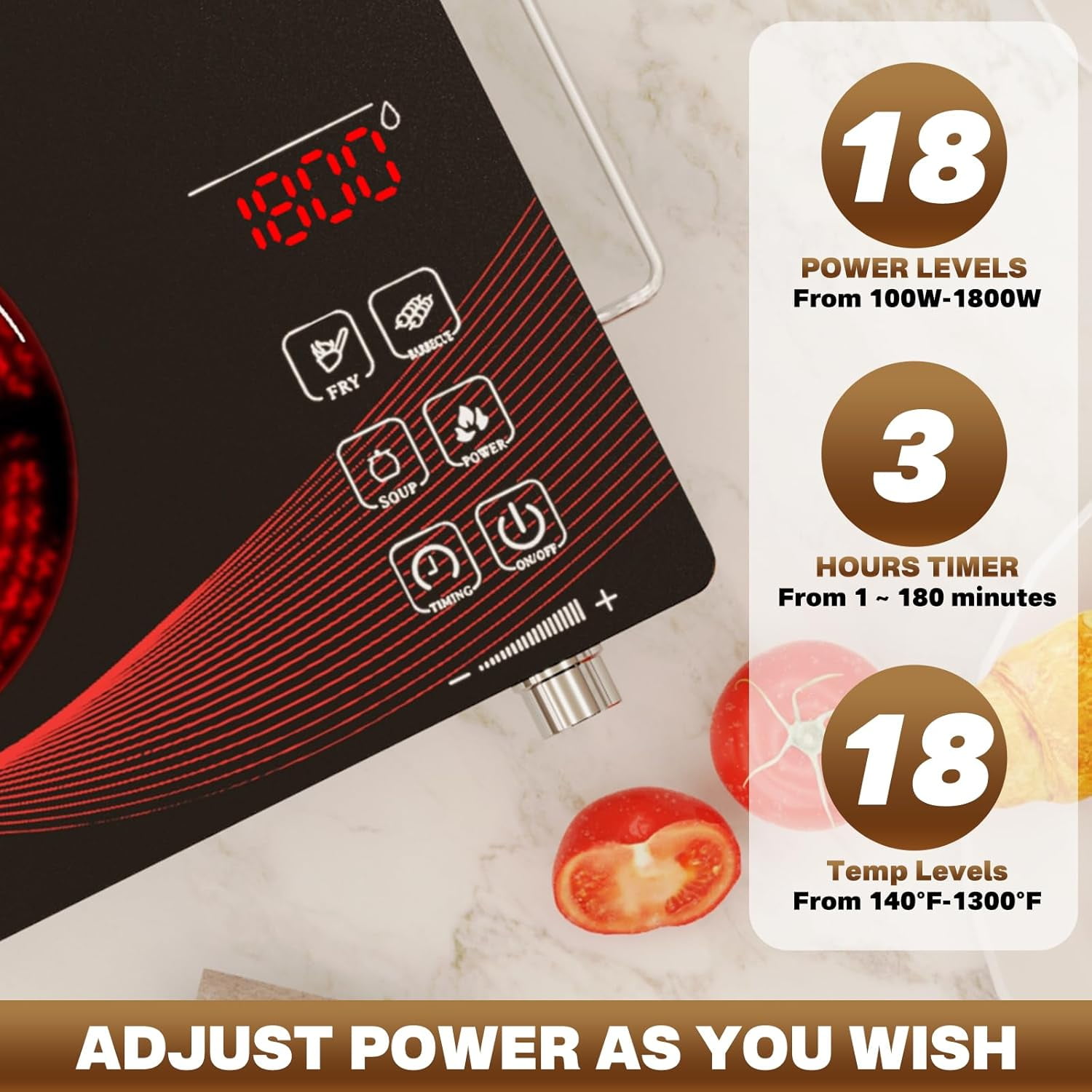 1800W Portable Electric Ceramic Cooktop with Timer & Touch Control, 11 Heat Levels Single Burner Non-Induction Hot Plate for All Cookware, Black