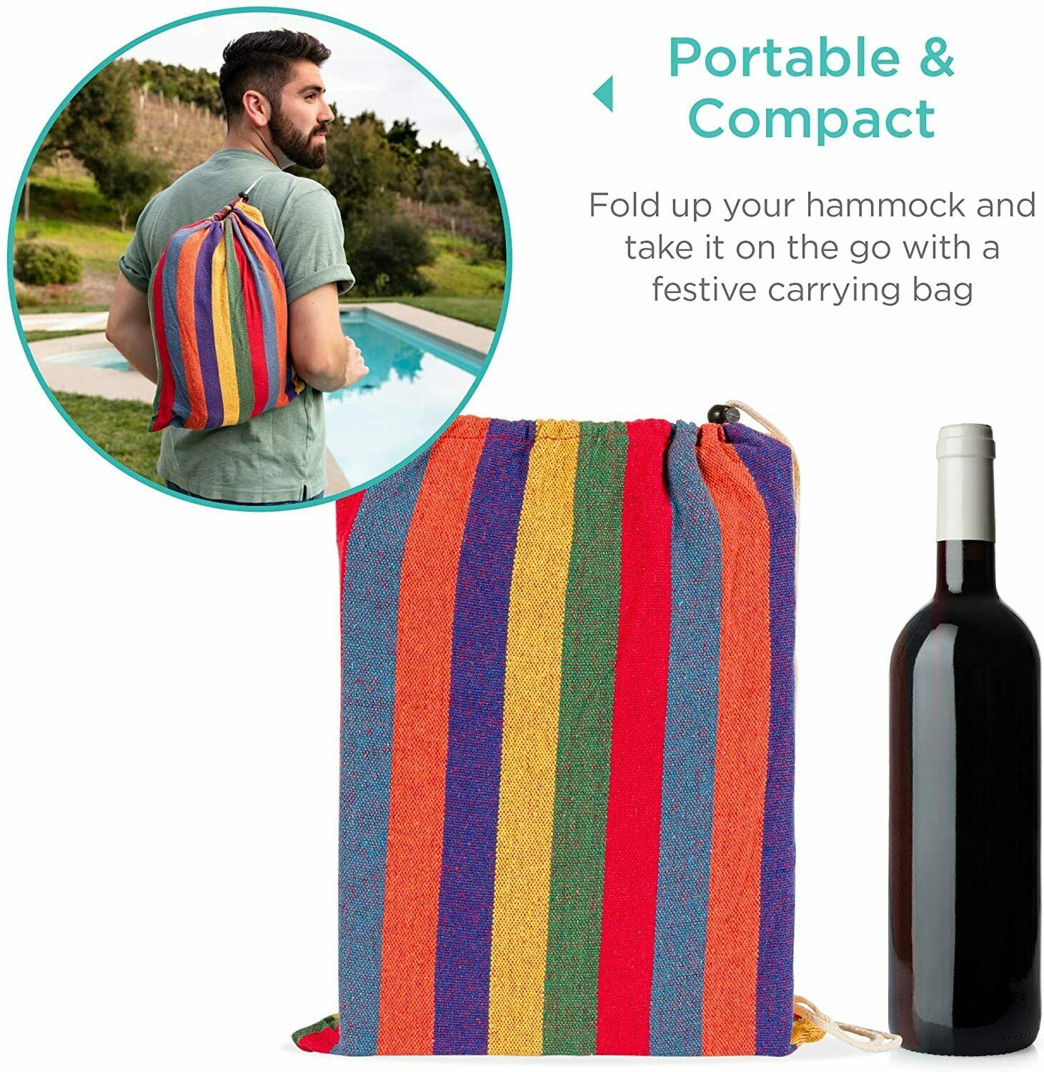 MDHAND 2-Person Brazilian-Style Cotton Double Hammock Bed w/ Portable Carrying Bag Blue Striped Without Rod