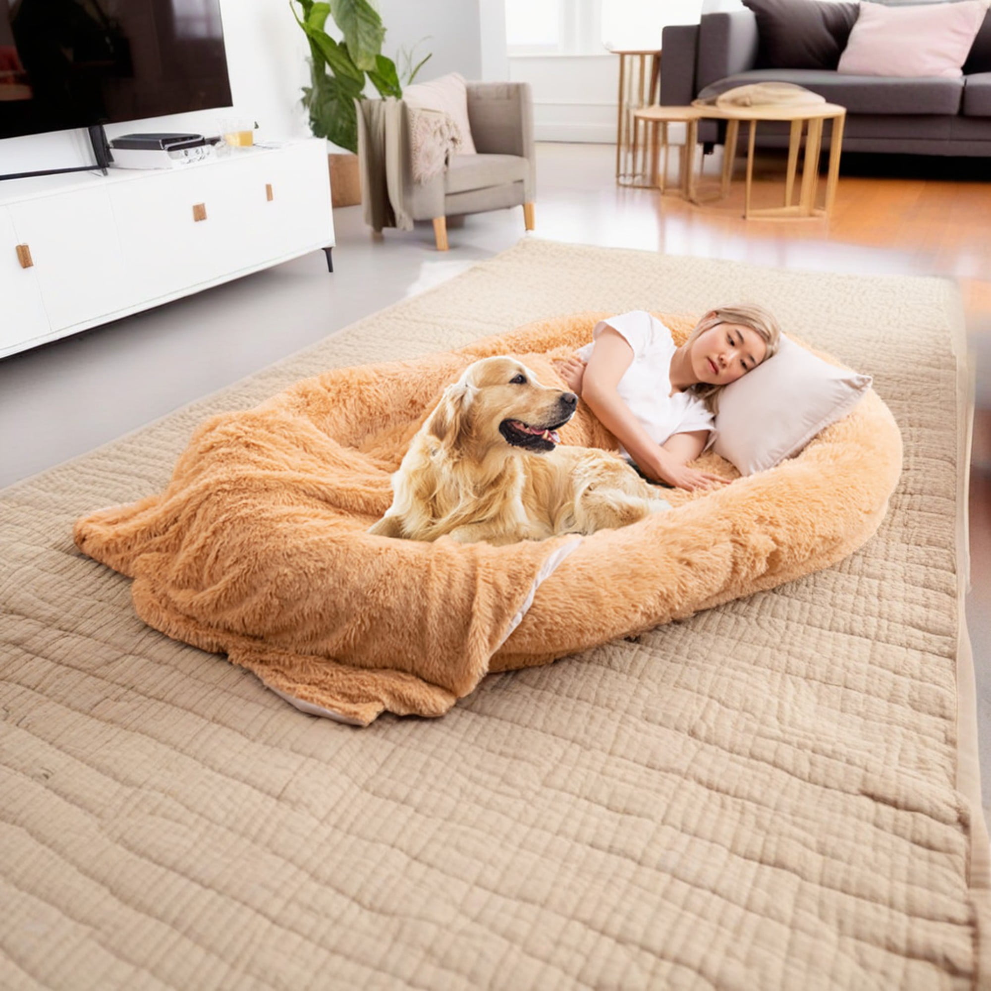 Kadyn 68" Dog Bed Sofa for Large Dogs with Soft Blanket and Plump Pillow, Stylish Washable Fluffy Pet Couch Furniture, Beige