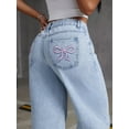 thumbnail image 2 of Ladies Low Waist Jeans Loose Straight Jeans Casual Bow Embrooded Jeans with Pockets, 2 of 6
