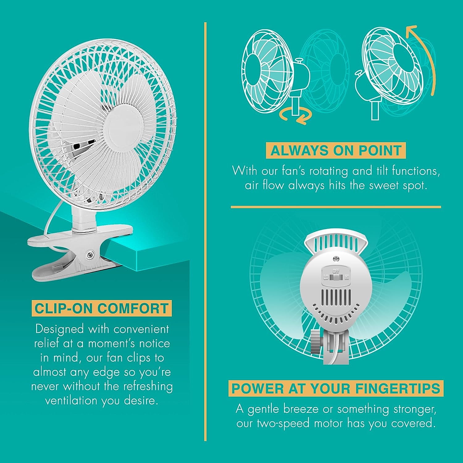 JOEY'Z 6 in 2-Speed Whisper Quiet Adjustable Tilt Clip On Desk Fan