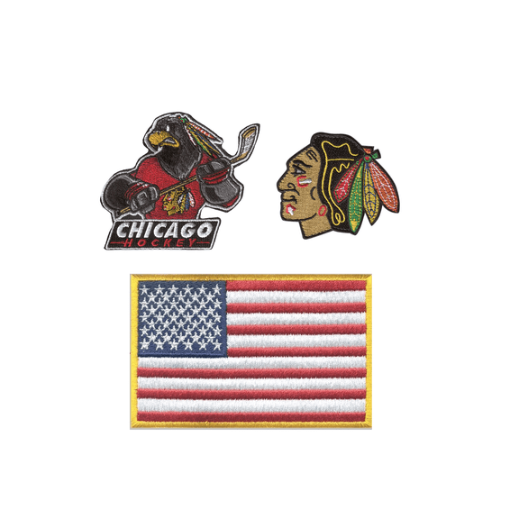 "HEDiGEAR Official Licensed Chicago Blackhawks NHL Team Velcro Patches (Small) Embroidered Velcro Patch Set with USA Flag 3 Pack"
