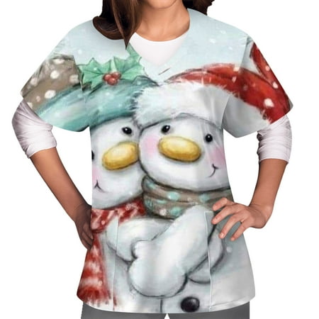 

Christmas Printed Scrub Tops for Women Breathable Santa Tree Snowman Pattern V-Neck T-Shirts Tee Scrubs with Pockets