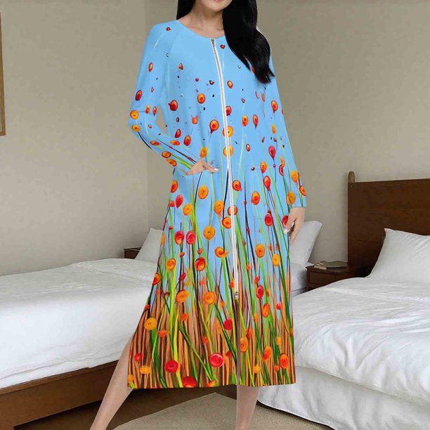 Batas de invierno para mujer, camisón cálido y camisón de invierno con cremallera y bolsillos, pijama holgado para mujer.