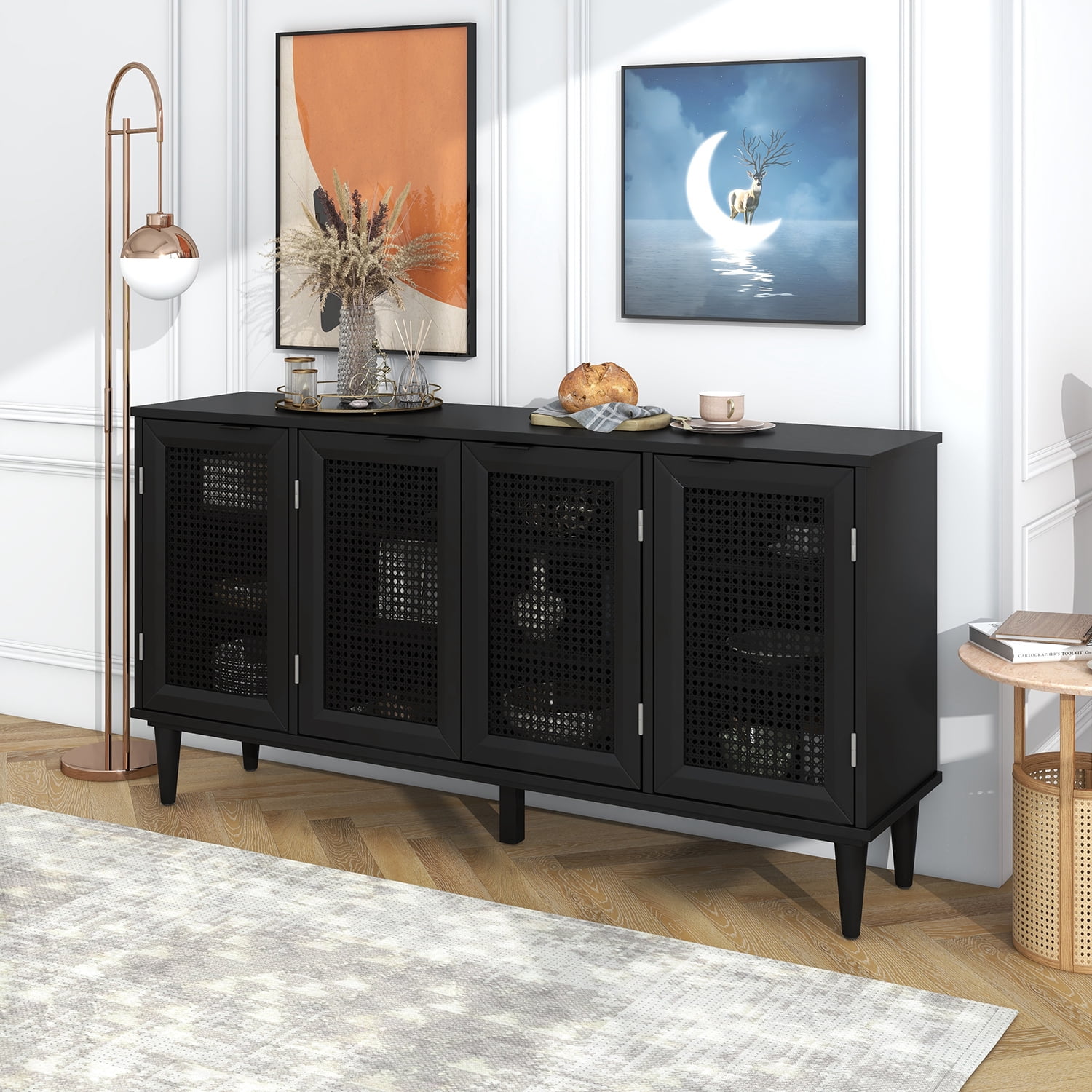 Kepooman Large Floor Storage Cabinet, Storage Space Sideboard for Entryway, Accent Storage Cabinet with Artificial Rattan Door, Black Kepooman Large Floor Storage Cabinet, Storage Space Sideboard for Entryway, Accent Storage Cabinet with Artificial Rattan Door, Black