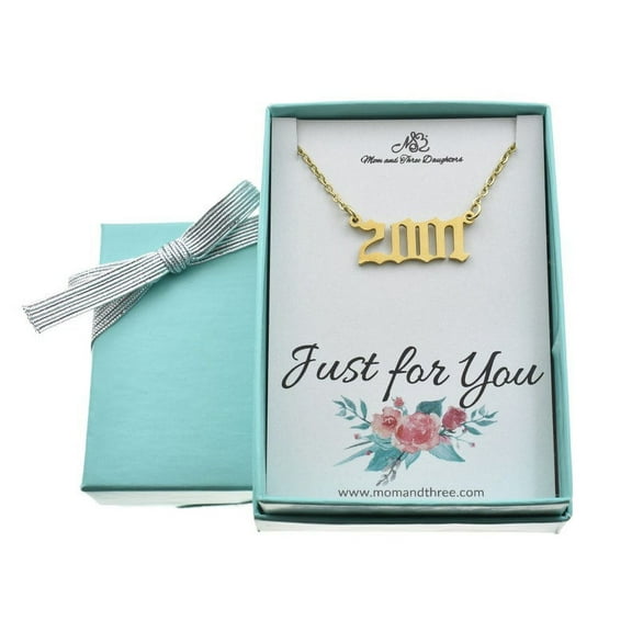 2001 Necklace in Gold Toned Stainless Steel. Birthday Gifts for Her. Year Necklace. Birthday Jewelry. Birth Year. Old English Year
