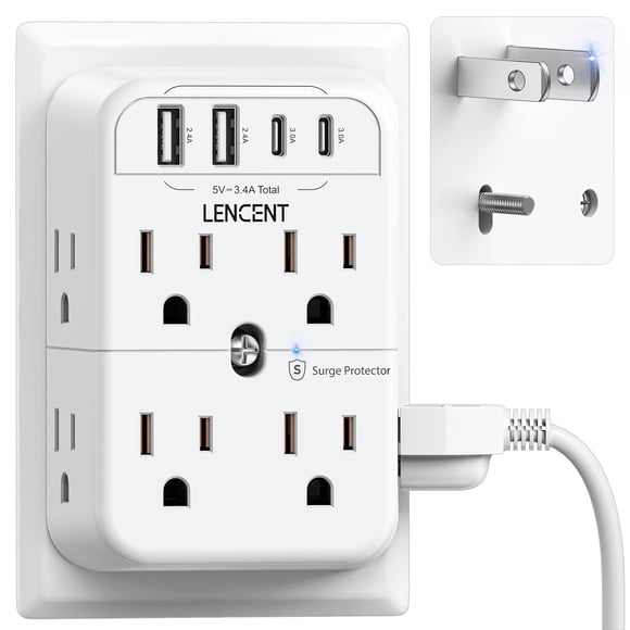 LENCENT Regleta de 2 clavijas, adaptador de toma de corriente de 3 a 2 clavijas, 2 USB tipo C y 2, protector contra sobretensiones, enchufe polarizado, extensor espaciado ancho de 3 lados, divisor de