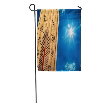 KDAGR Blue Weather Thermometer Displaying High 40 Degree Hot Temperatures in Sun Summer Day Red Heatwave Garden Flag Decorative Flag House Banner 28x40