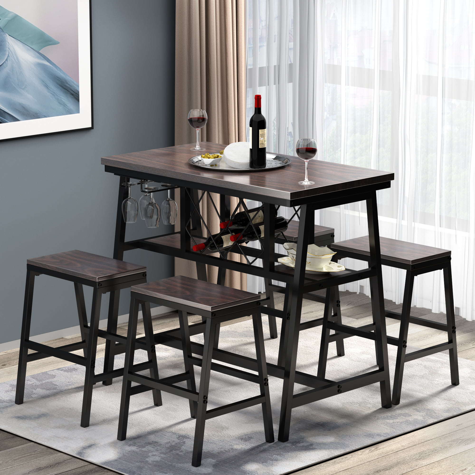 5 Piece Counter Height Table Set with Wine Rack and Glass ...