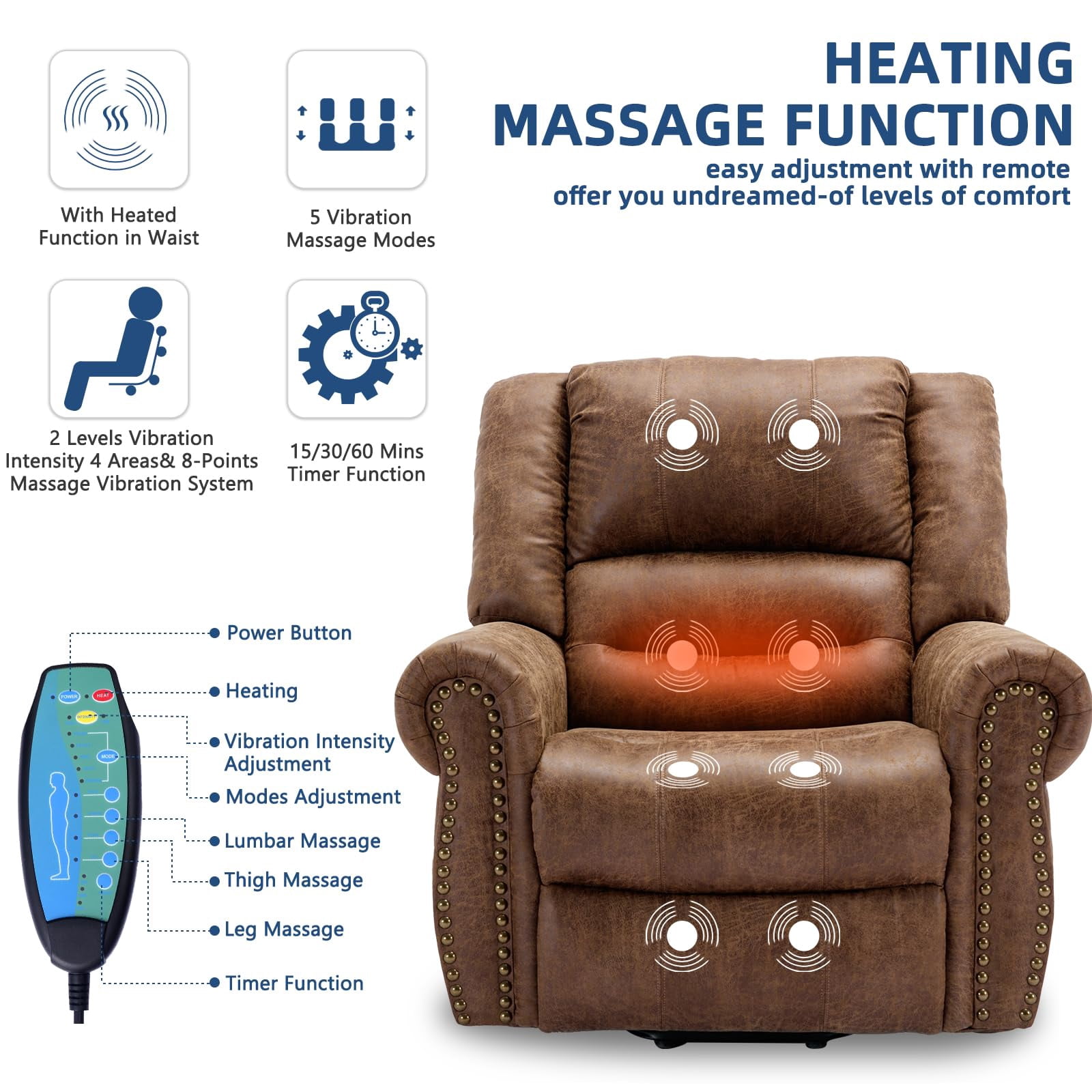 SOCIALCOMFY Power Lift Recliner Chair for Elderly with Massage and Heat, Electric Recliner Chair with Rivet Decoration, 2 Remote Controls, Side Pockets & USB Ports for Home, Office (Nut Brown)