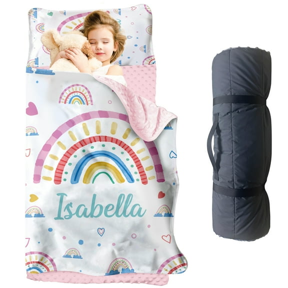 Daycare Personalized Toddler Nap Mat - Custom Name Nap Mat, Beautiful Rainbow Theme, Soft and Comfortable Roll Up Nap Mat with Pillow and Blanket, Perfect for Preschool, Kindergarten, Camping, Travel
