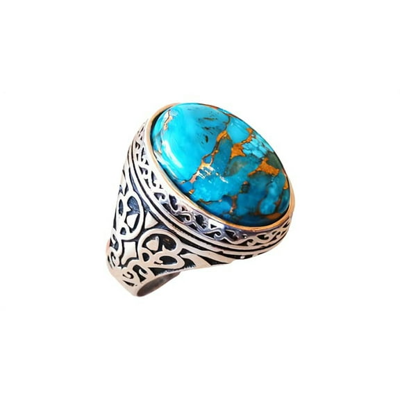 Blue Copper Turquoise Mans Ring, Natural Copper Turquoise Ring, Silver Jewelry, 925 Silver Ring, Birthday Gift, Heavy Mens Ring, Arabic Design, Ottoman Style Ring, Christmas, Turkey Mens Signet Ring