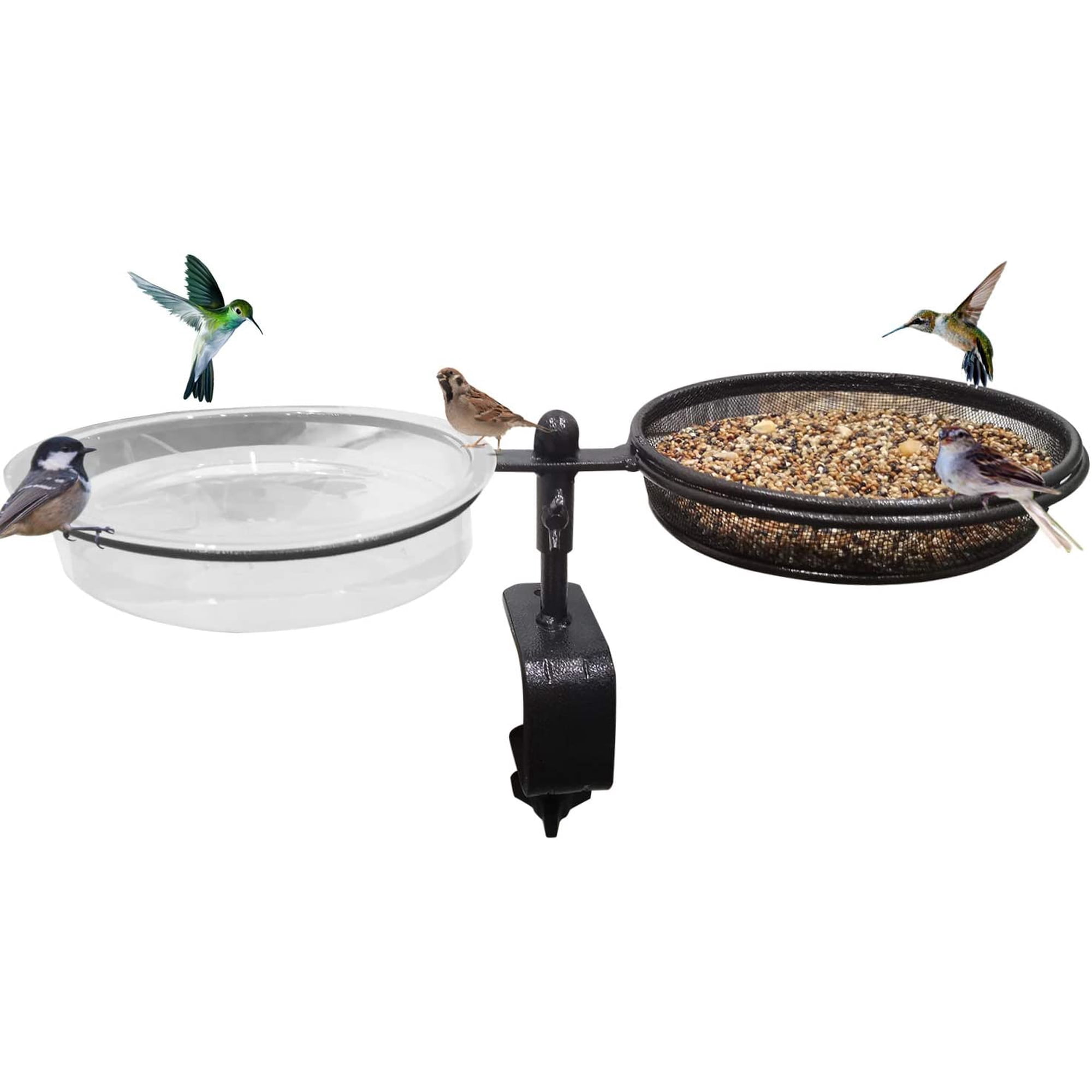 Urban Deco Deck Bird Feeders and Bath Metal Mesh Tray Deck Bird Bath Spa for Dual Use Deck Flower Stand Pot Clamp to Fence Railing, Detachable and Adjustable Great for Attracting Birds