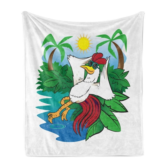 Sunglasses Soft Flannel Fleece Blanket, Tropical Layout of a Rooster in Paradise Exotic Island Vacation Scene, Cozy Plush for Indoor and Outdoor Use, 50" x 70", Fern Green Multicolor, by Ambesonne