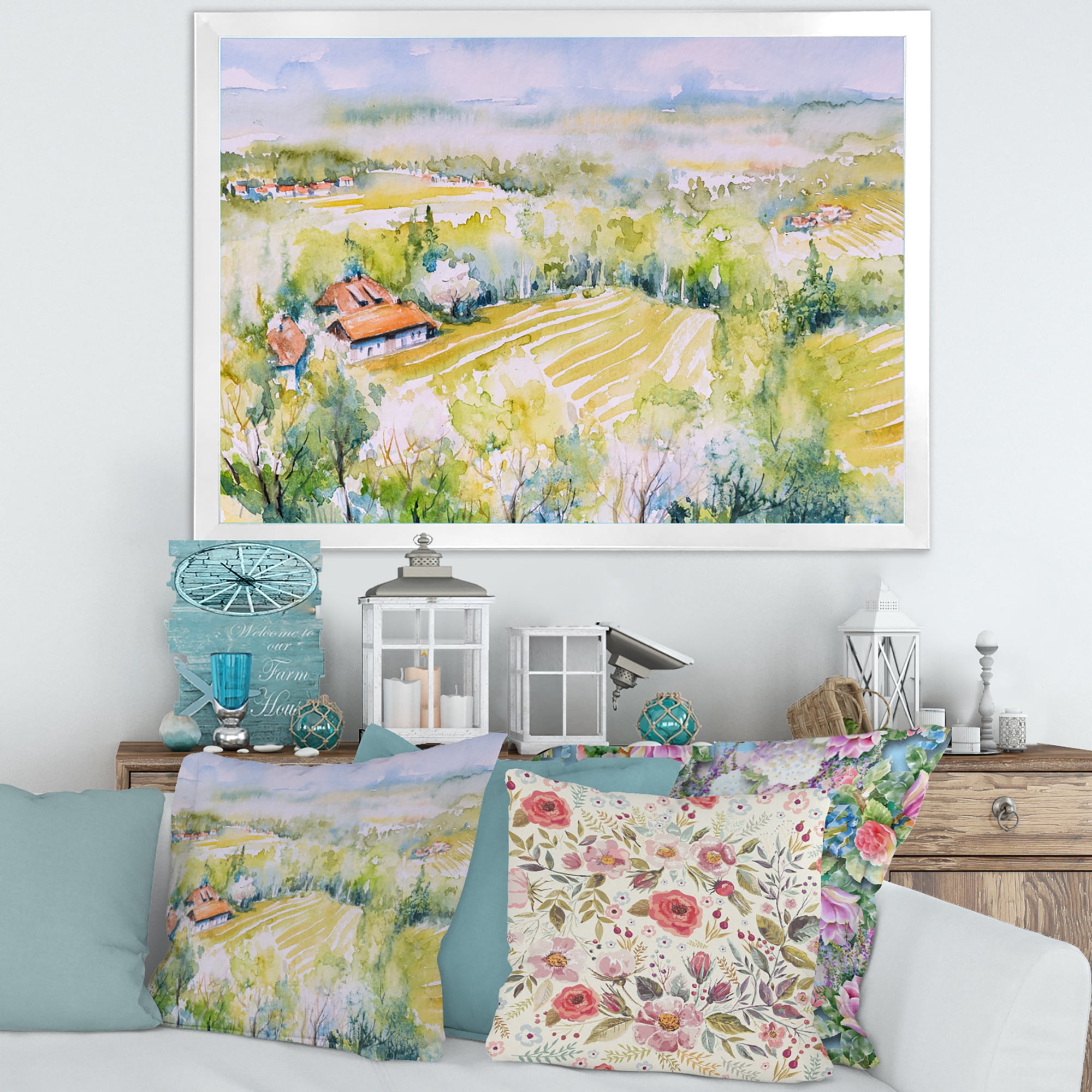 Designart 'Abstract Blossoming Green Fields In Countryside ' Country Framed Art Print