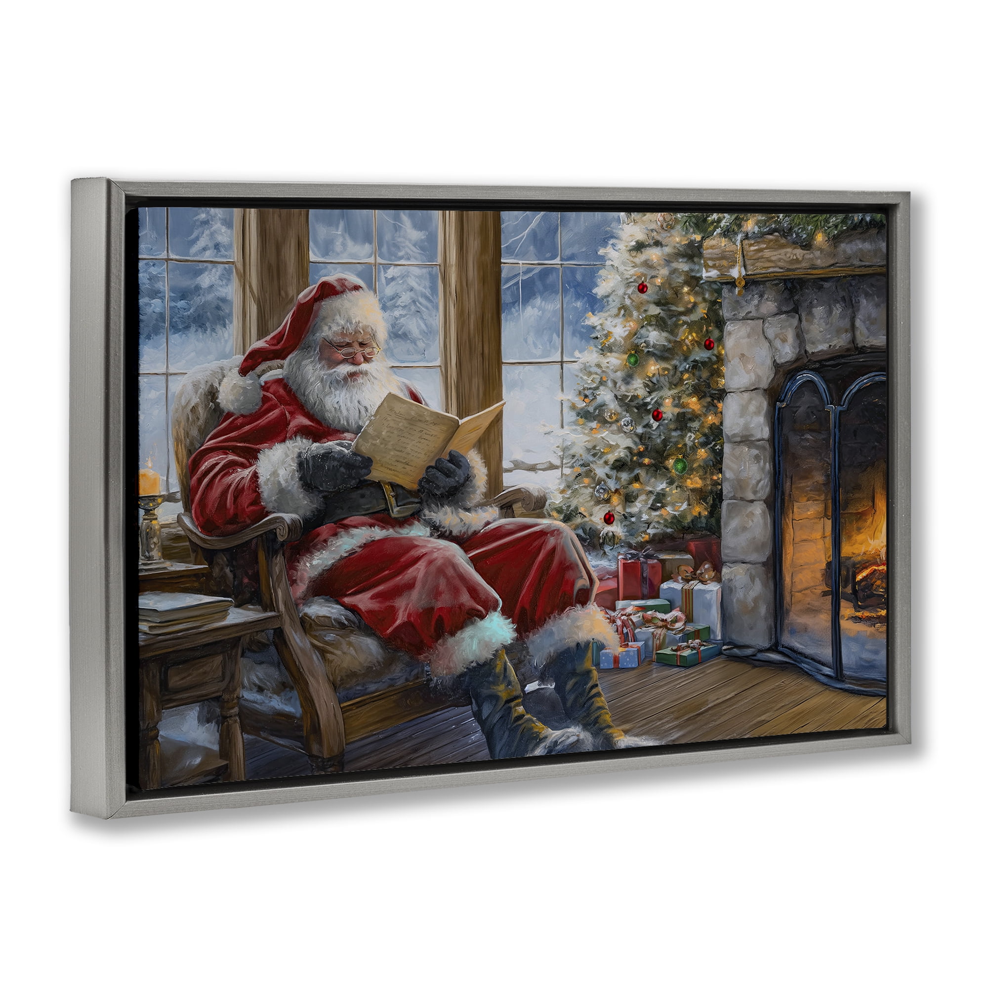 Stupell Industries Santa Reading by Fire Holiday Painting Gray Floater Framed Canvas Art Prints Wall Art, 31 x 21