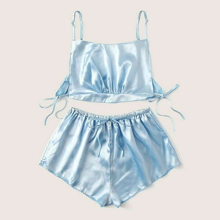 

Lingerie for Women Push Up Satin Silk Bowknot Camisole Shorts Sleepwear Pajamas Bandage Matching Bra and Panty Sets Plus Size Blue M
