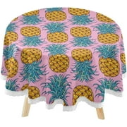 SKYSONIC Pineapple Pink Round Tablecloth 60inch Indoor Wrinkle Free, Pink Summer Circular Lace Table Cover Washable for Kitchen Party BBQ Dining Decor
