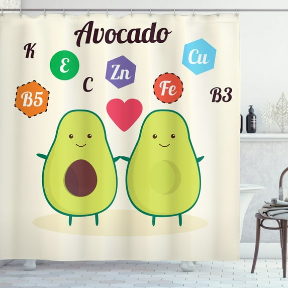 Avocado Shower Curtain, Illustration with Funny Characters and Healthy Food Vitamins Contained in Avocado, Fabric Bathroom Set with Hooks, 69W X 70L Inches, Multicolor, by Ambesonne