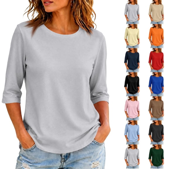 Hearthz Raglan Ladies 3/4 Length Sleeve Tops Solid Color Basic Women's Crew Neck T Shirts Athletic Workout Plain Teacher Shirts for Women