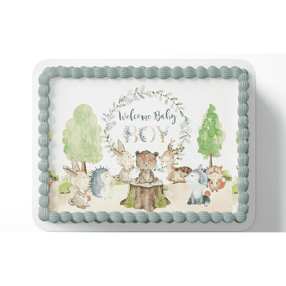 Woodland Baby Shower Edible Icing Image Cake Topper, by Tnct.