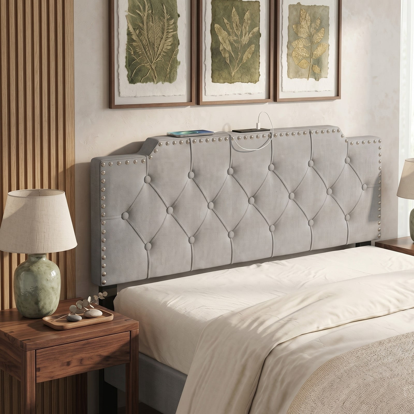 Furnibear Nailhead Trim Tufted Upholstered Headboard with 2 AC Outlets and USB and Type-C Ports for Full and Queen Beds, Gray