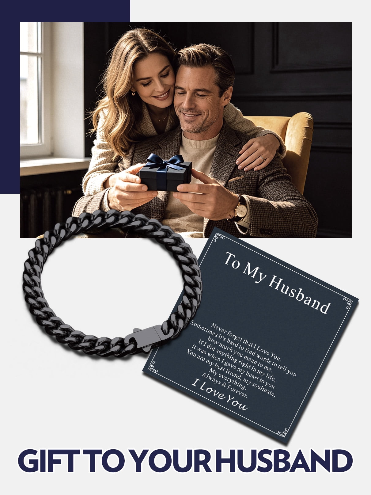 Bandmax 7MM Black Cuban Chain Bracelet for Men 8.3" Stainless Steel Hand Bracelets Gift with Card To Husband Valentine Father's Day Birthday