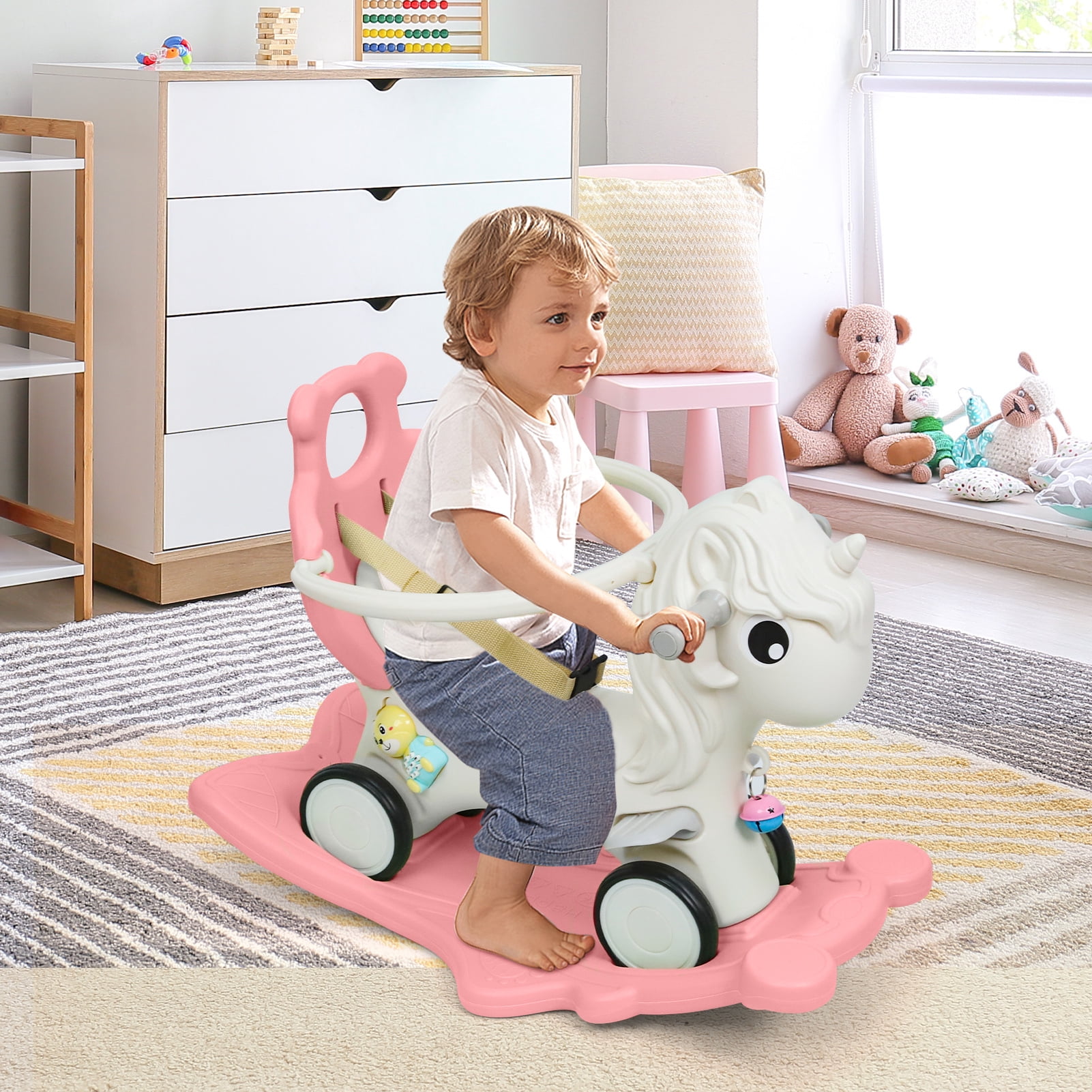Wdmiya 4 in 1 Rocking Horse for Toddlers 1-3 Years Old, Baby Unicorn Rocking Toy Birthday Gift for Boy and Girl, Ride on Toy with Detachable Balance Board，Balance Bike with Push Handle, Pink