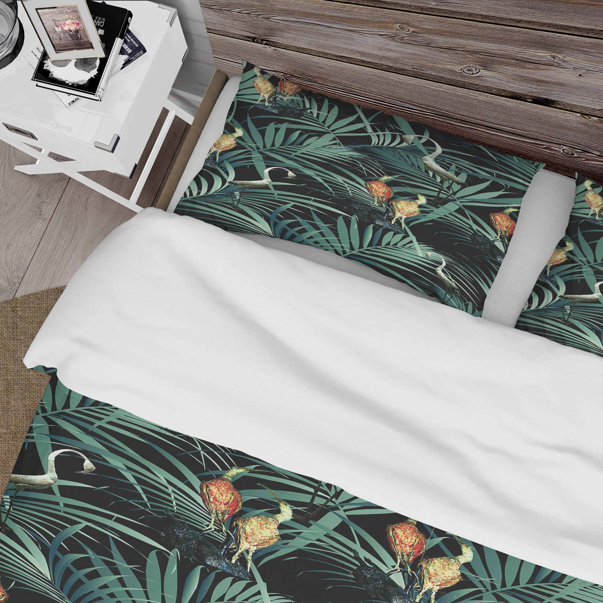 Designart 'Tropical Yellow Birds On Black Background With Green Jungle Leaves' Abstract Duvet Cover Set