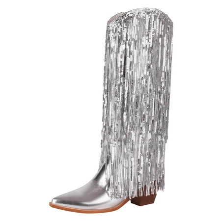 

Povozer Cow Boots for Women Cowboy Boots Print Half Boots Pull on Mid Heel Cowgirl Boots(Silver 7.5)