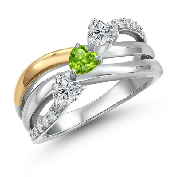 Gem Stone King 925 Silver and 10K Yellow Gold Lab Grown Diamond and Green Peridot and Lab Grown Diamond Engagement Ring for Women | 0.97 Cttw | Heart Shape Gemstone April Birthstone | Size 5
