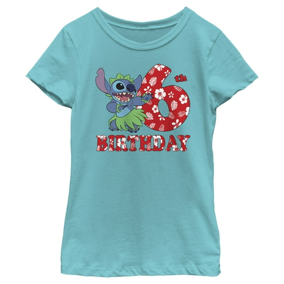 Girl's Lilo & Stitch 6th Birthday Hula Dance Graphic Tee Tahiti Blue Medium