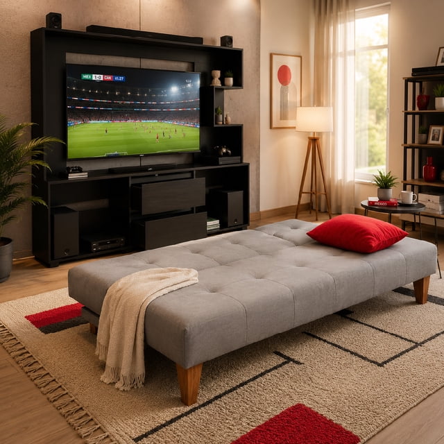 Set Mundi 24/7, sofa cama Ema + mueblbe de tv y entretenimiento Goal