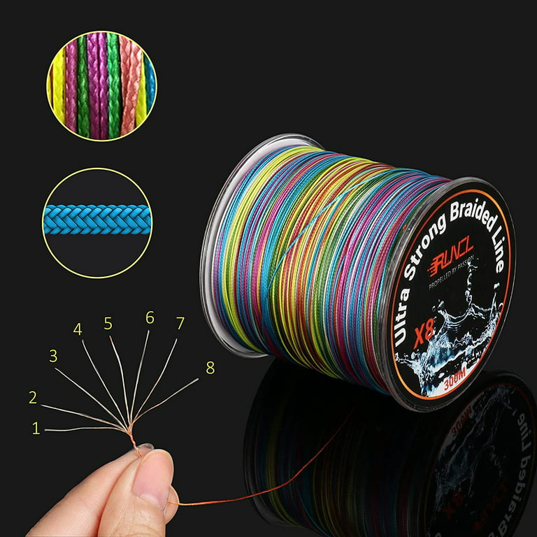 RUNCL Braided Fishing Line, 8 Strand Abrasion Resistant Braided Lines, Zero Stretch, Smaller Diameter, Rainbow Color for Extra Visibility, 328-1093