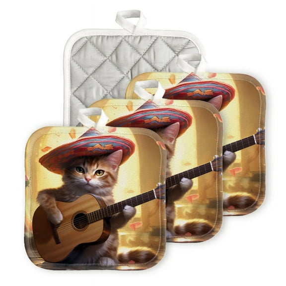 BaHomeck Pot Holders 4pcs dacron Made Square heat-resisting mat Machine Washable for Kitchen Oven Hot Pads 6.7inch*6.7inch,Cat Wearing Sombrero Playing Guitar