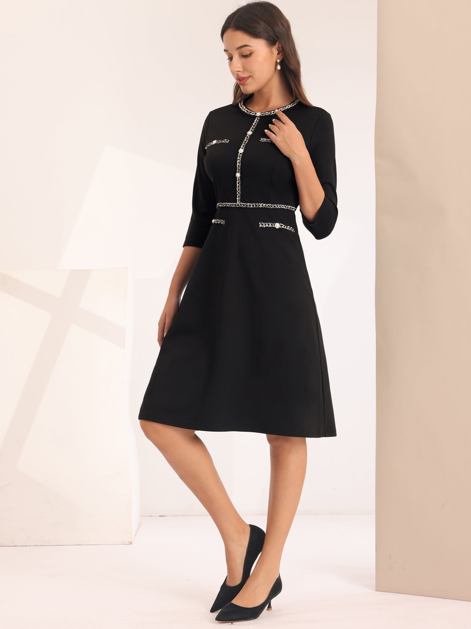 DARING DIVA Women's A-Line Contrast Color Tweed Trim Dress L Black