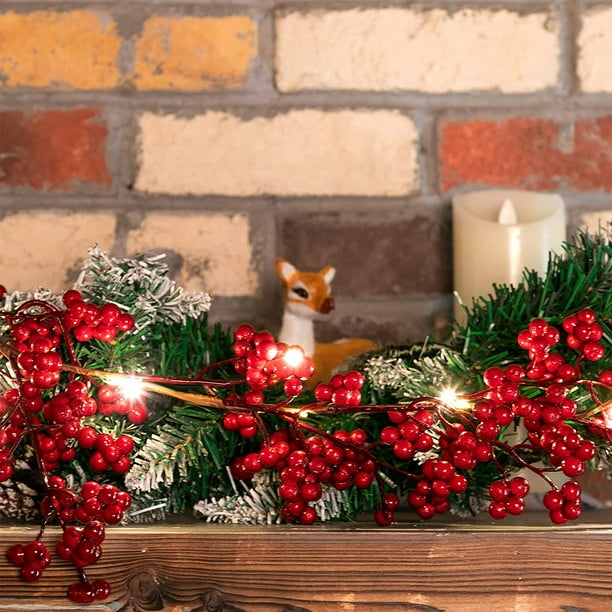 Guirlande lumineuse de Noël aux baies rouges Guirlande de Noël en pin  artificiel d'intérieur Guirlande lumineuse de décoration de Noël festive  avec feuilles pour décoration de table de cheminée de vacances, 6