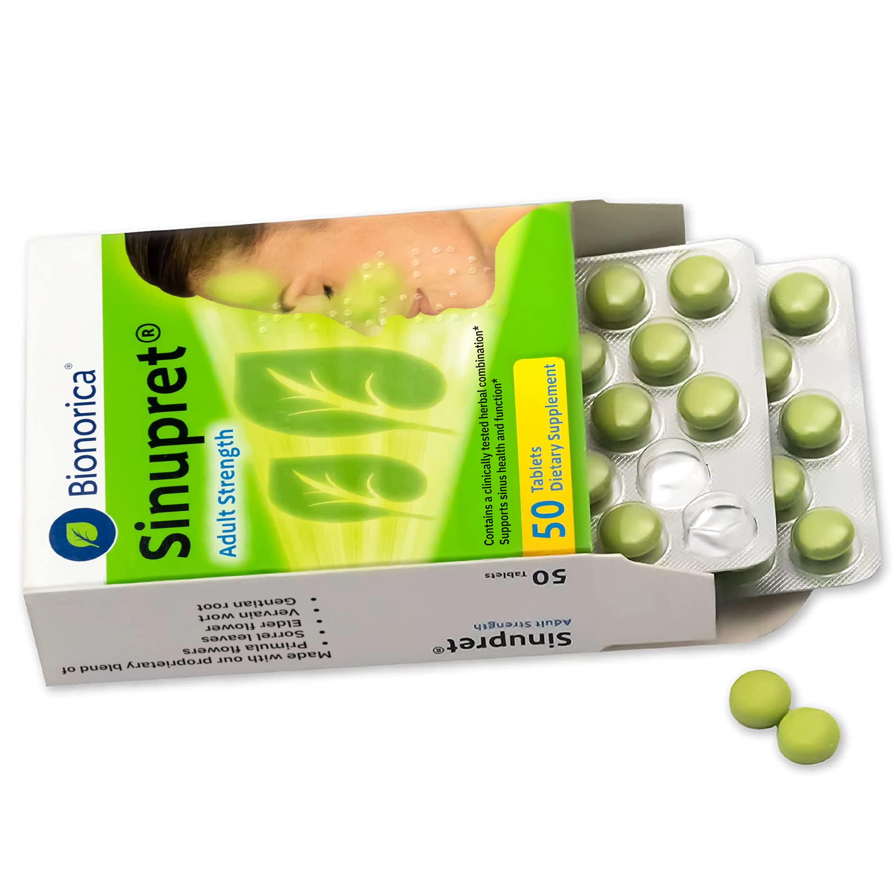 Bionorica Sinupret Adult Strength Sinus + Immune Support All Natural, Fast Acting Herbal Nasal Passage & Immunity Boost Supplement with Verbena & Elder Flower - 50 Tablets
